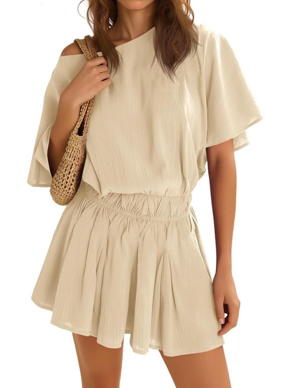 Women's Khaki Summer Dresses Short Batwing Sleeve Cinched Waist Mini Dress